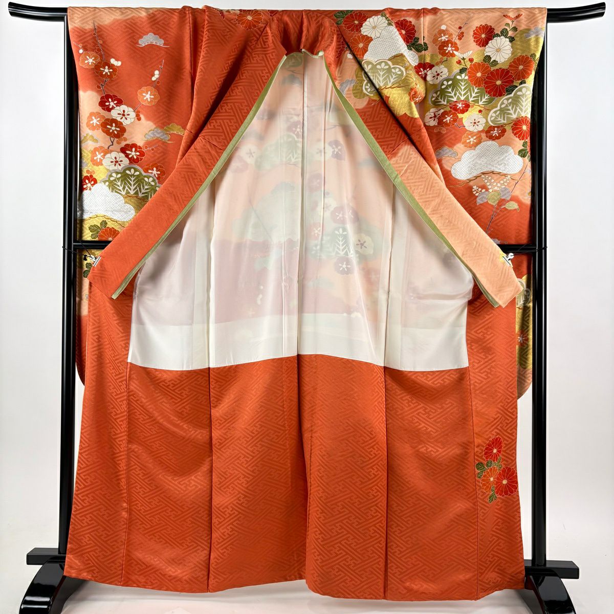 振袖禮服 身長164cm 袖長67cm M 雙層 菊花 松樹梅花 金絲 金銀彩 鮭粉色 純蠶絲 秀品級
