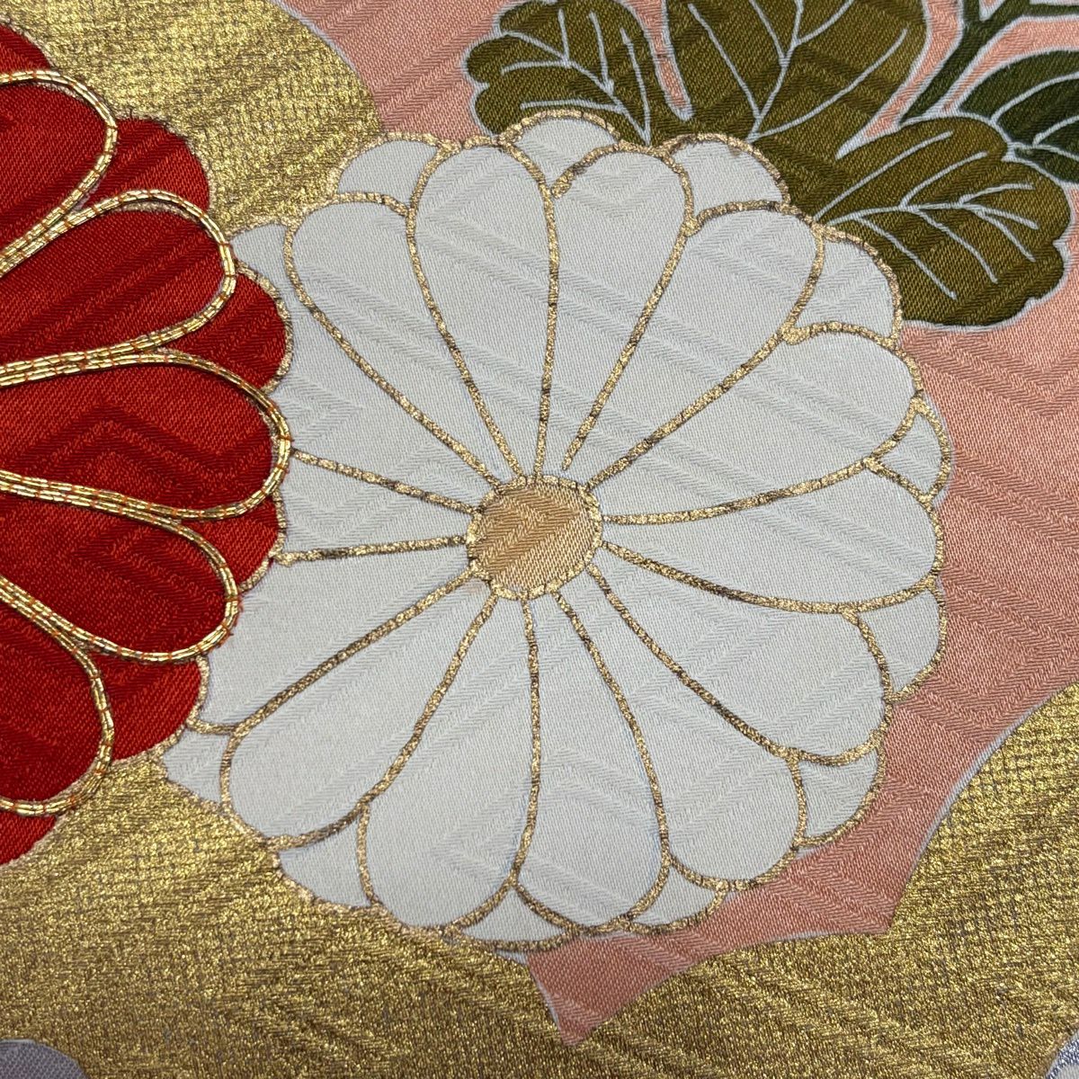振袖禮服 身長164cm 袖長67cm M 雙層 菊花 松樹梅花 金絲 金銀彩 鮭粉色 純蠶絲 秀品級