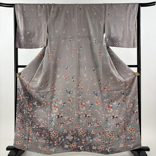 【美品】訪問服 身長161.5cm 袖長66cm M 雙層 菊花 草花紋紋 漸層 灰紫 純蠶絲 秀品級