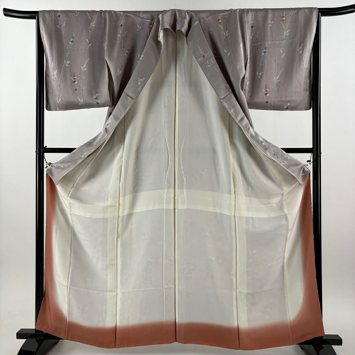 【美品】訪問服 身長161.5cm 袖長66cm M 雙層 菊花 草花紋紋 漸層 灰紫 純蠶絲 秀品級