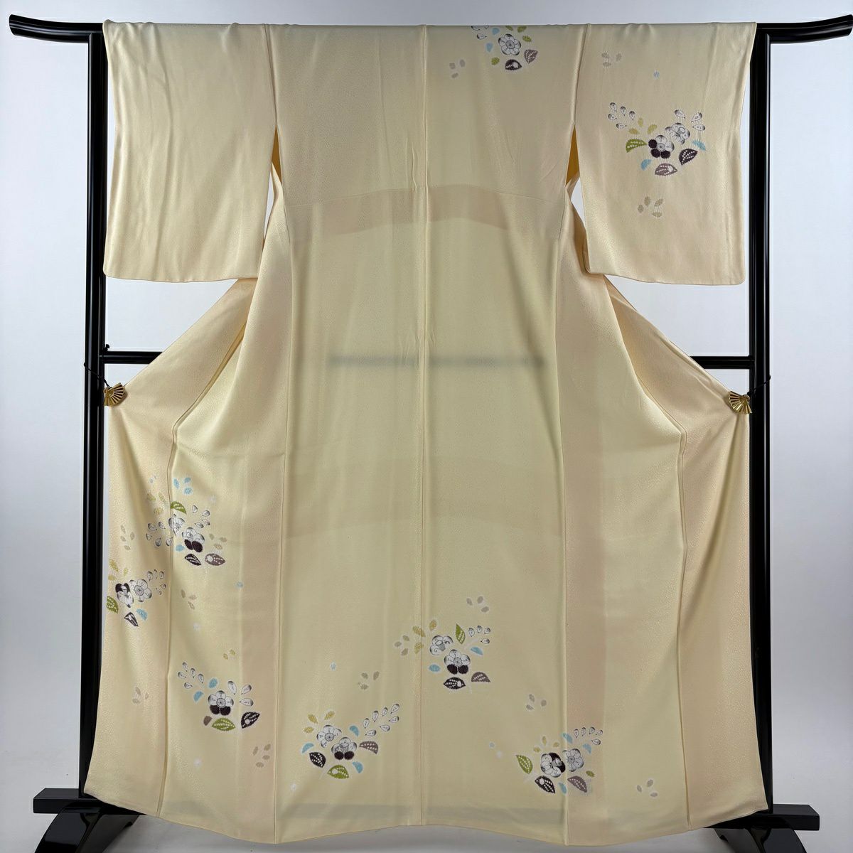 付下 身長162cm 袖長64.5cm M 雙層 草花紋紋 淡黃 純蠶絲 優品級