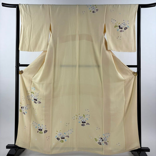 付下 身長162cm 袖長64.5cm M 雙層 草花紋紋 淡黃 純蠶絲 優品級