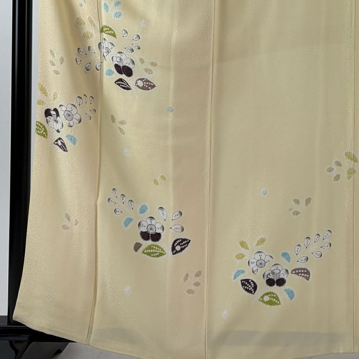 付下 身長162cm 袖長64.5cm M 雙層 草花紋紋 淡黃 純蠶絲 優品級