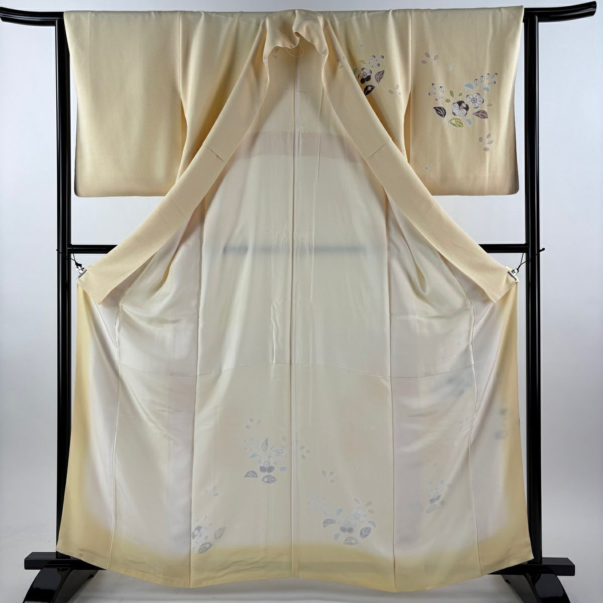 付下 身長162cm 袖長64.5cm M 雙層 草花紋紋 淡黃 純蠶絲 優品級