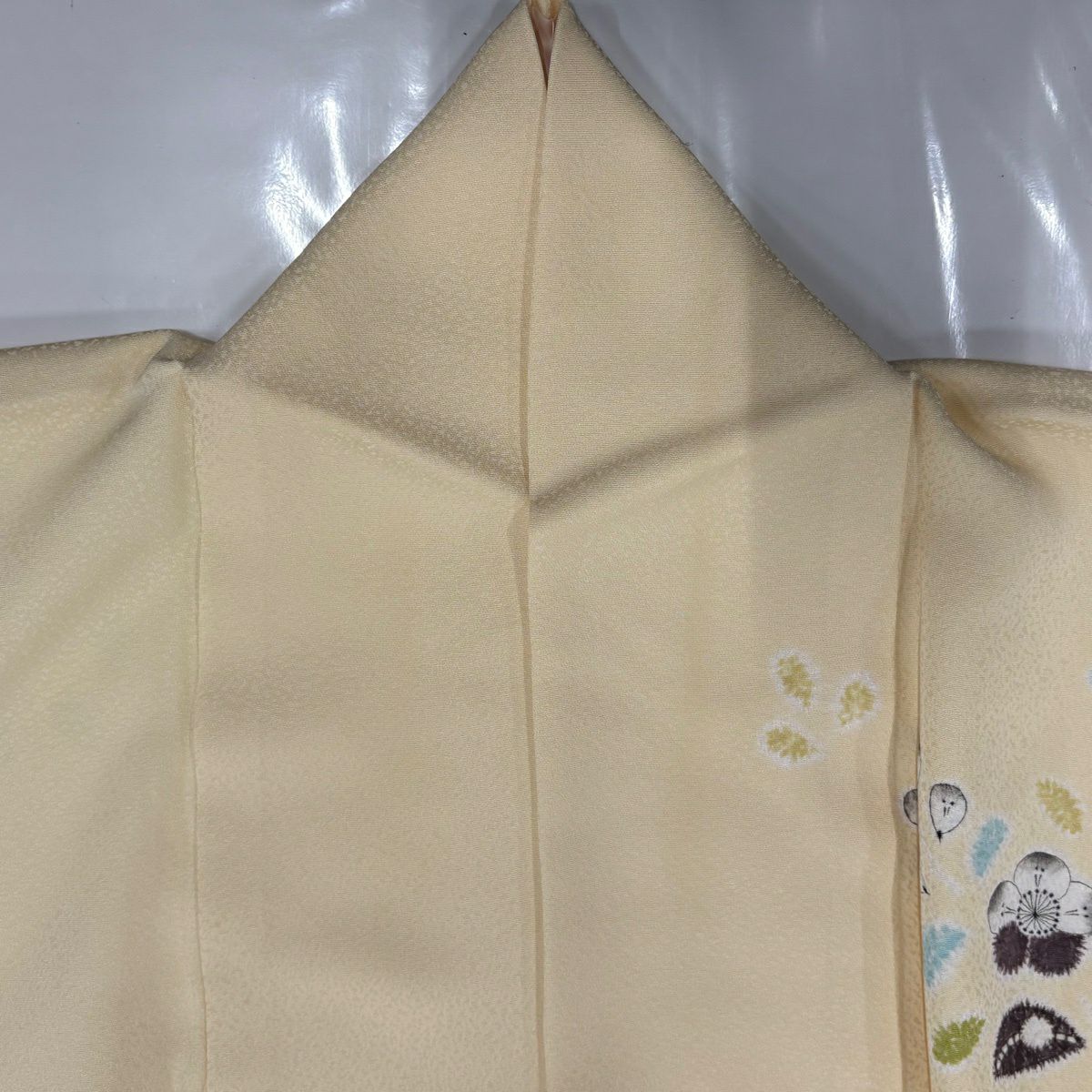 付下 身長162cm 袖長64.5cm M 雙層 草花紋紋 淡黃 純蠶絲 優品級