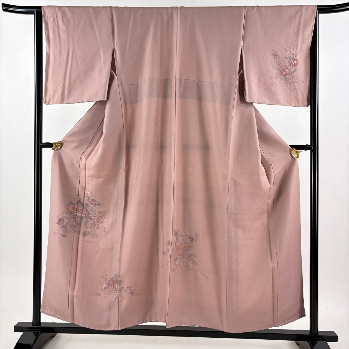 付下 身長155cm 袖長65cm M 雙層 幾帳 草花紋紋 刺繡 銀線 粉紅 純蠶絲 秀品級
