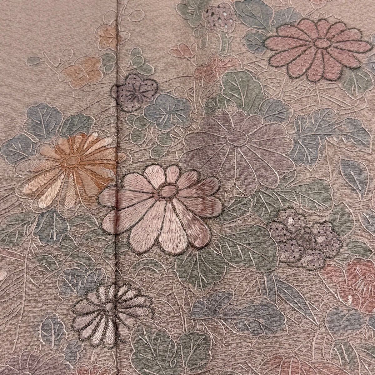 付下 身長155cm 袖長65cm M 雙層 幾帳 草花紋紋 刺繡 銀線 粉紅 純蠶絲 秀品級