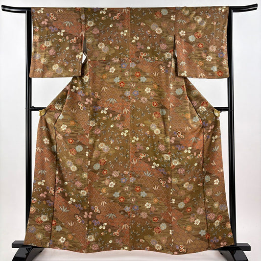 【美品】 小紋 身長160cm 袖長64cm M 雙層 草花紋紋 籠目 金銀彩 茶 純蠶絲 秀品級
