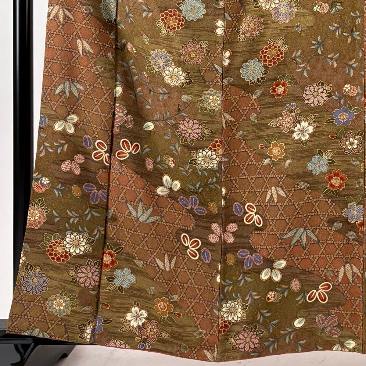 【美品】 小紋 身長160cm 袖長64cm M 雙層 草花紋紋 籠目 金銀彩 茶 純蠶絲 秀品級