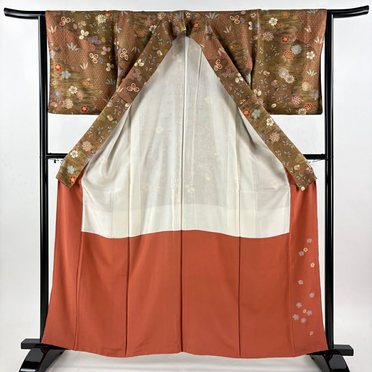 【美品】 小紋 身長160cm 袖長64cm M 雙層 草花紋紋 籠目 金銀彩 茶 純蠶絲 秀品級