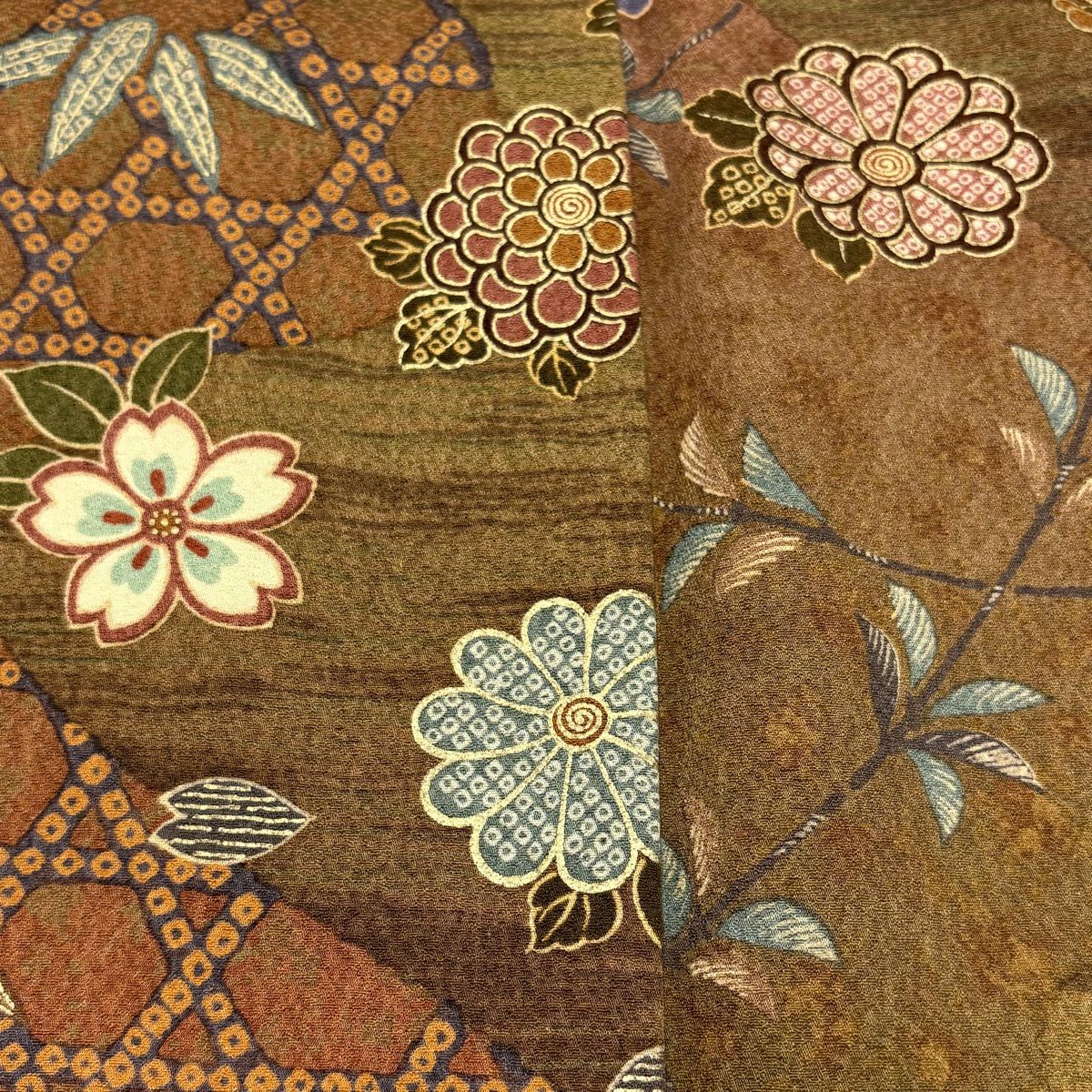 【美品】 小紋 身長160cm 袖長64cm M 雙層 草花紋紋 籠目 金銀彩 茶 純蠶絲 秀品級