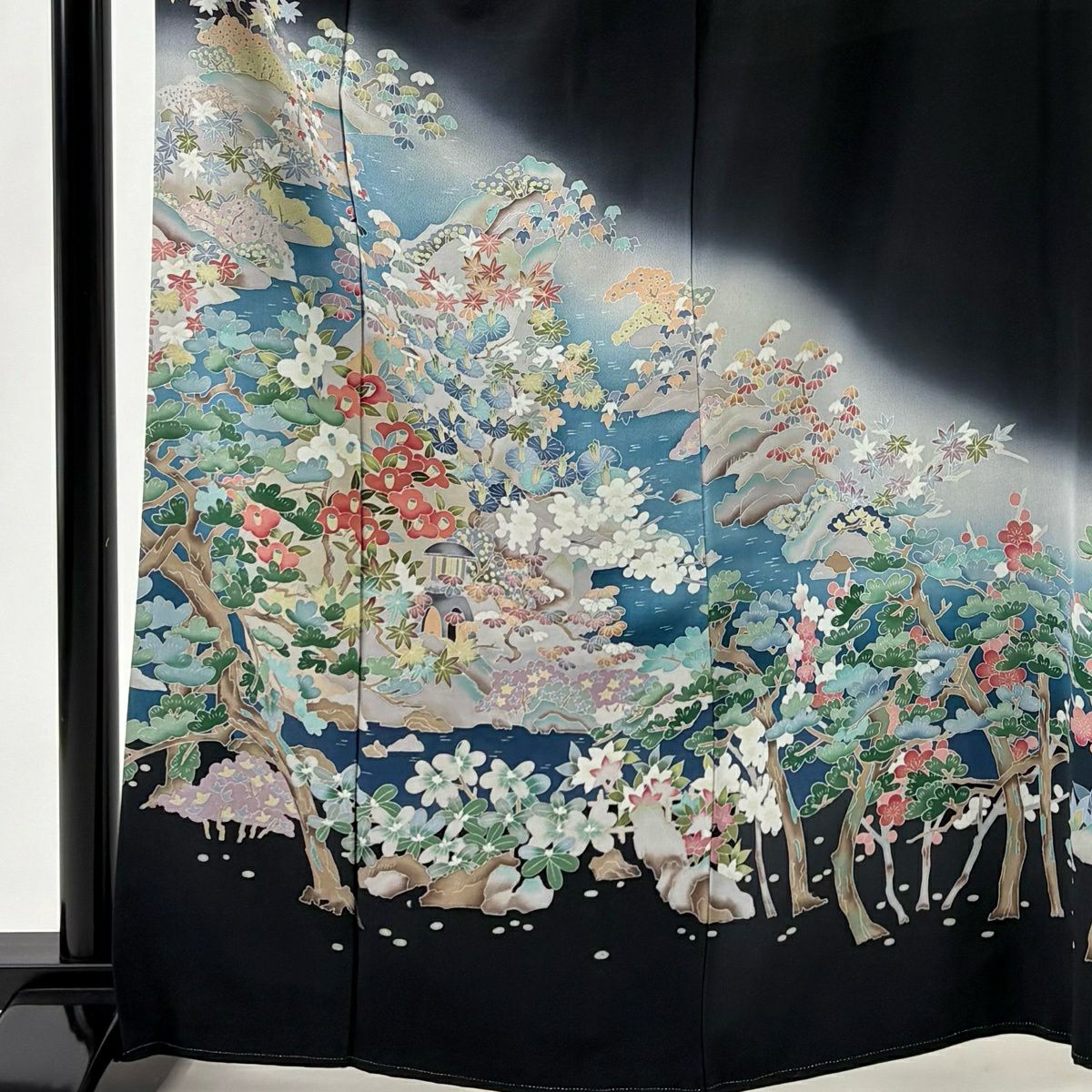 黑留袖禮服 身長163.5cm 袖長67cm M 雙層 落款有 松樹梅花 水邊的風景 漸層 黑 純蠶絲 優品級