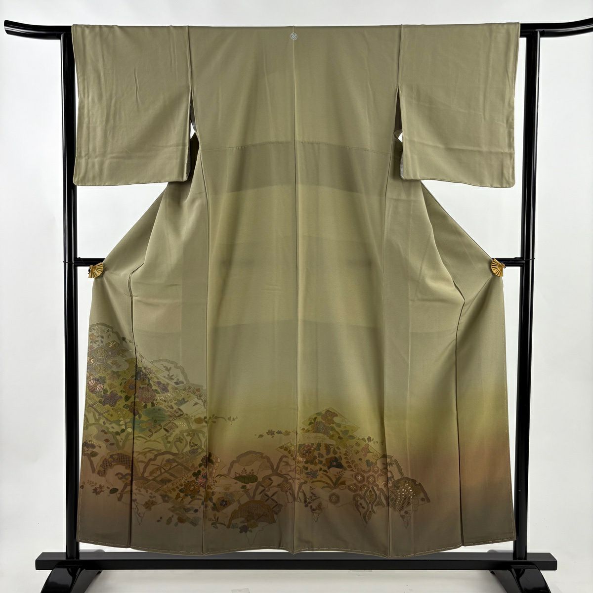 【美品】訪問服 身長155cm 袖長62.5cm S 雙層 草花紋紋 松樹皮菱刺繡 金糸 灰綠 純蠶絲 秀品級 一つ紋