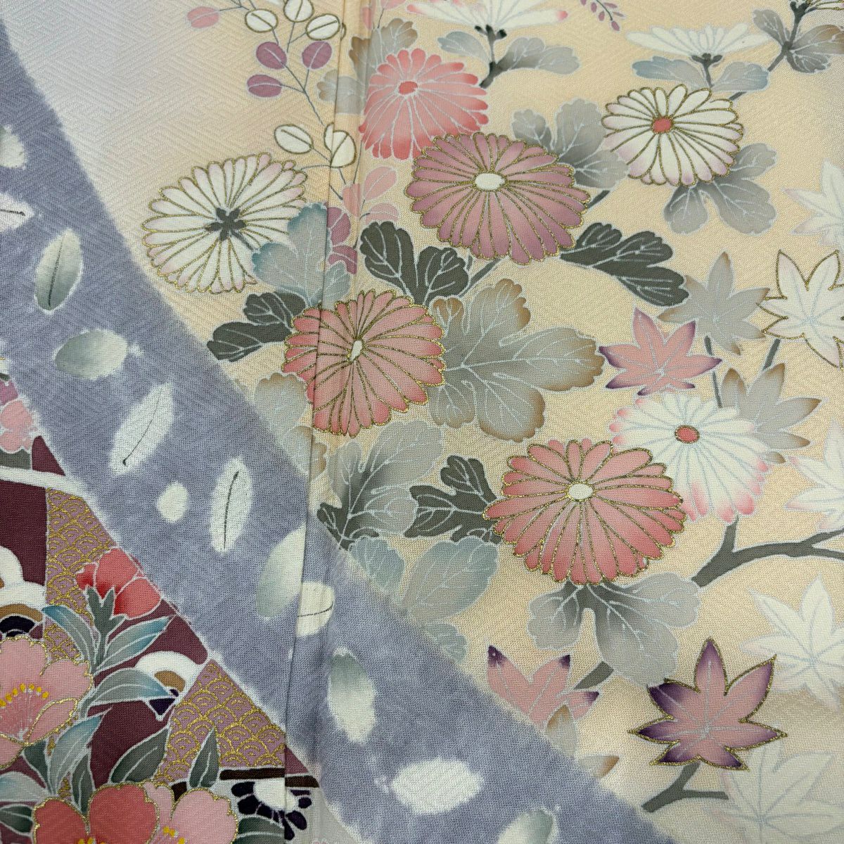 訪問服 身長168cm 袖長69.5cm L 雙層 菊花花 櫻花 金彩裝飾 絞染 淺紫 純蠶絲 優品級