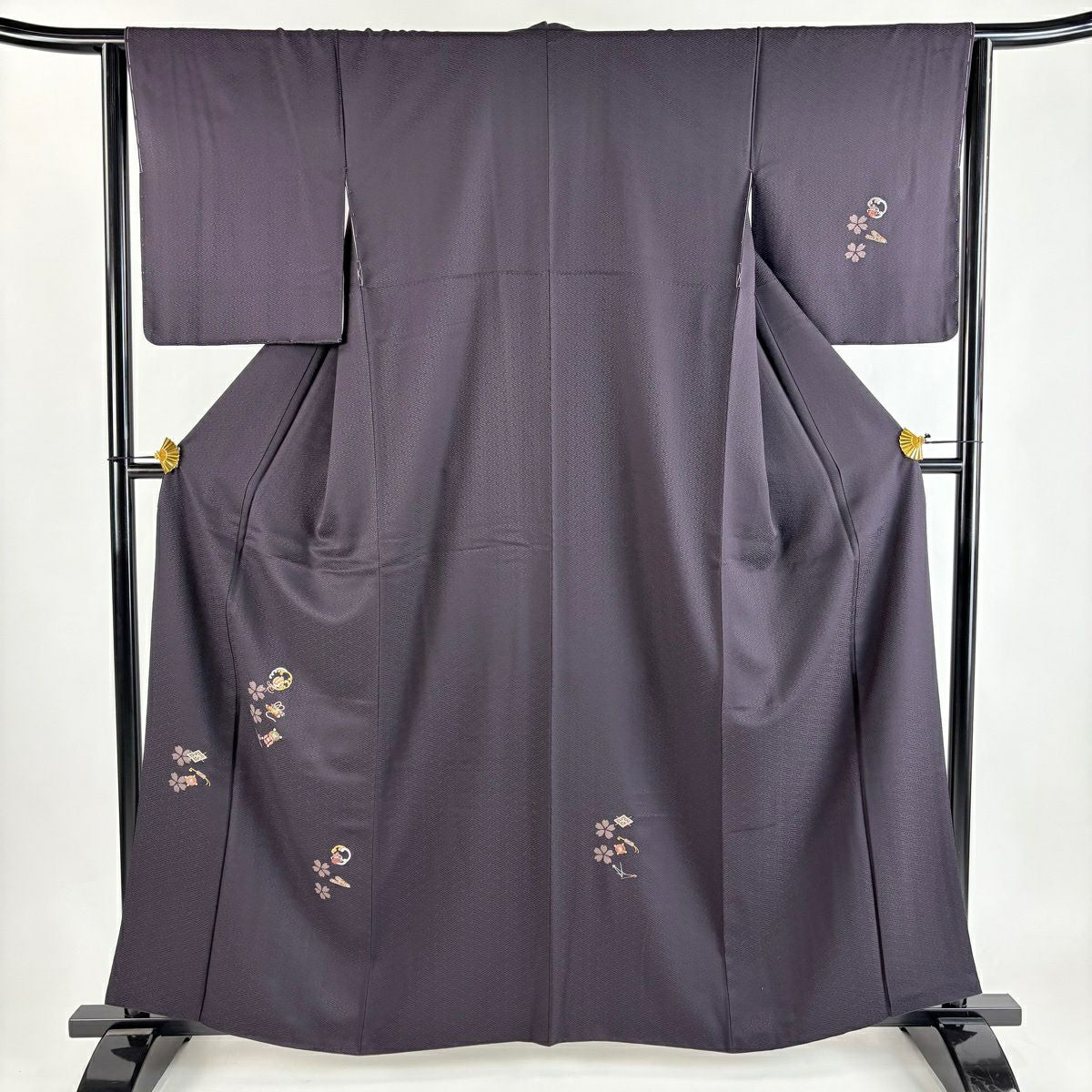【美品】 付下 身長161.5cm 袖長63cm S 雙層 櫻花 寶物滿載 刺繡 金線 深紫 純蠶絲 優品級