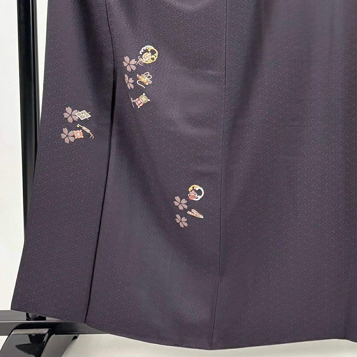 【美品】 付下 身長161.5cm 袖長63cm S 雙層 櫻花 寶物滿載 刺繡 金線 深紫 純蠶絲 優品級