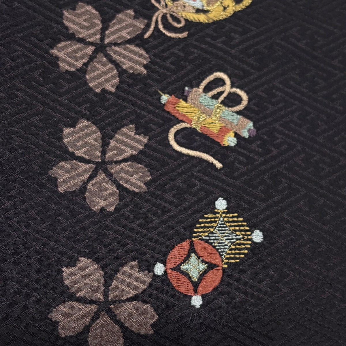 【美品】 付下 身長161.5cm 袖長63cm S 雙層 櫻花 寶物滿載 刺繡 金線 深紫 純蠶絲 優品級
