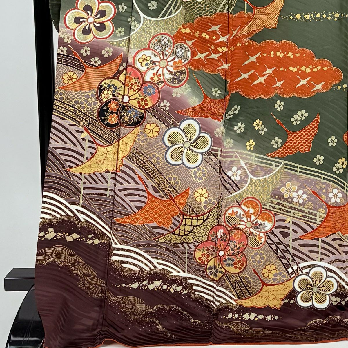 振袖禮服 身長174.5cm 袖長64.5cm M 雙層 仙鶴 梅花 金彩裝飾 染分 茶綠 純蠶絲 秀品級