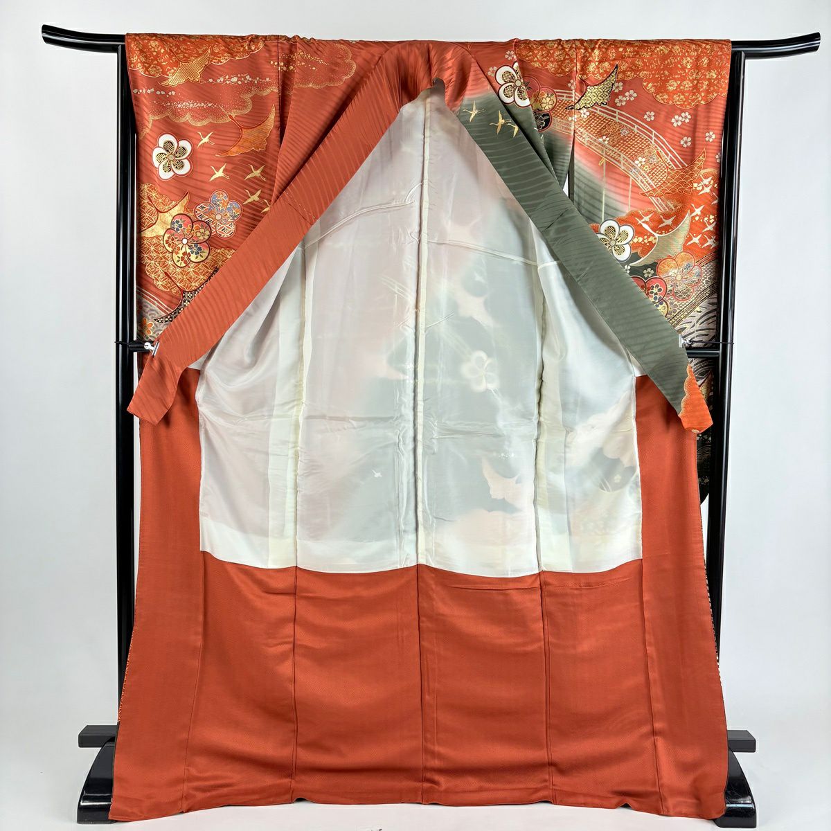 振袖禮服 身長174.5cm 袖長64.5cm M 雙層 仙鶴 梅花 金彩裝飾 染分 茶綠 純蠶絲 秀品級