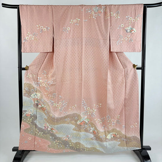 【美品】訪問服 身長161.5cm 袖長67cm M 雙層 扇子面 花鳥 絞染 金彩裝飾 粉紅 純蠶絲 秀品級 一つ紋