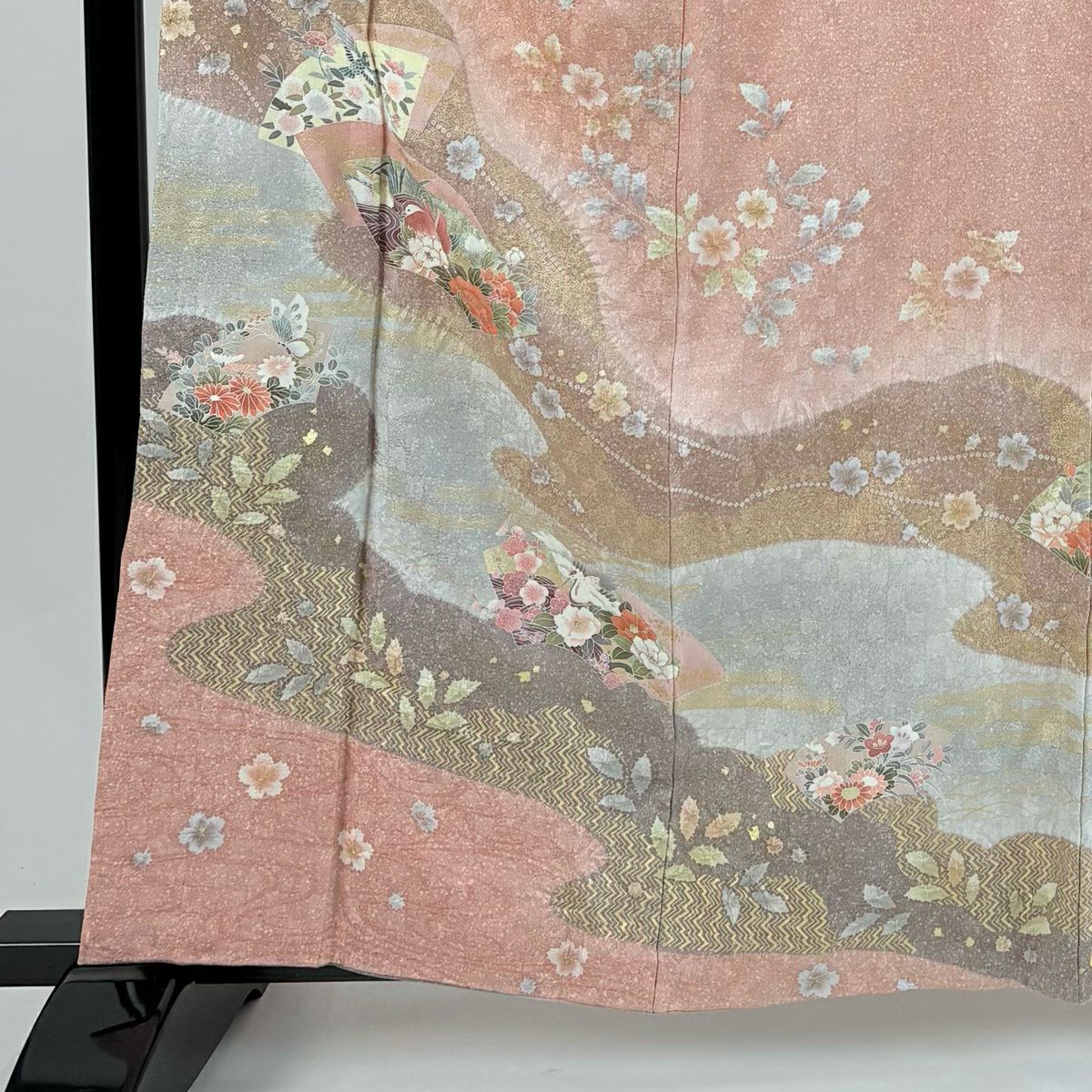 【美品】訪問服 身長161.5cm 袖長67cm M 雙層 扇子面 花鳥 絞染 金彩裝飾 粉紅 純蠶絲 秀品級 一つ紋