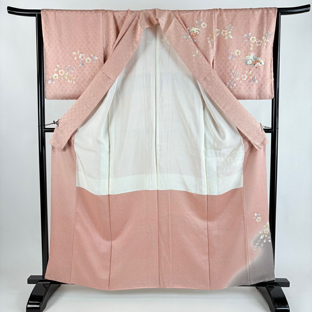 【美品】訪問服 身長161.5cm 袖長67cm M 雙層 扇子面 花鳥 絞染 金彩裝飾 粉紅 純蠶絲 秀品級 一つ紋