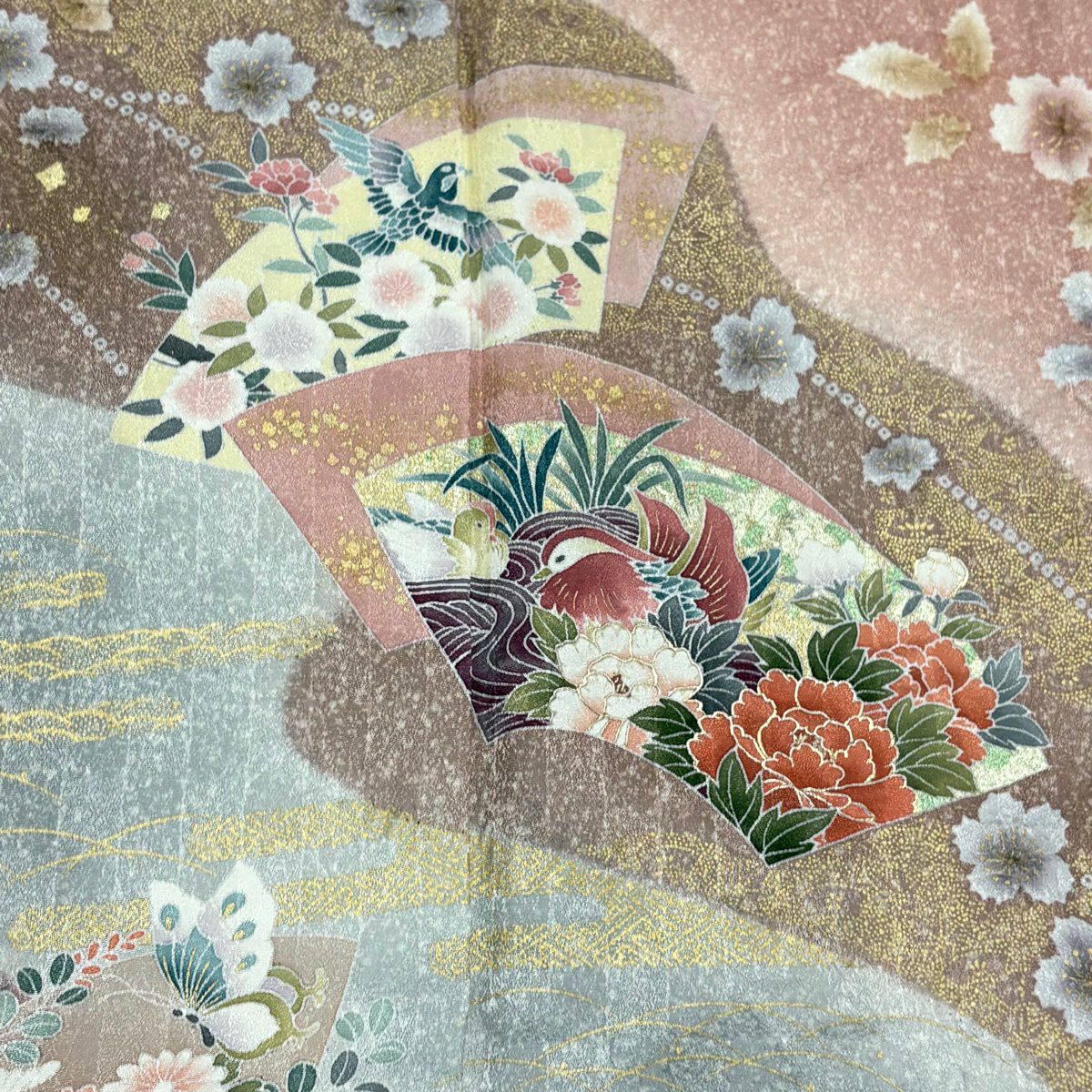 【美品】訪問服 身長161.5cm 袖長67cm M 雙層 扇子面 花鳥 絞染 金彩裝飾 粉紅 純蠶絲 秀品級 一つ紋