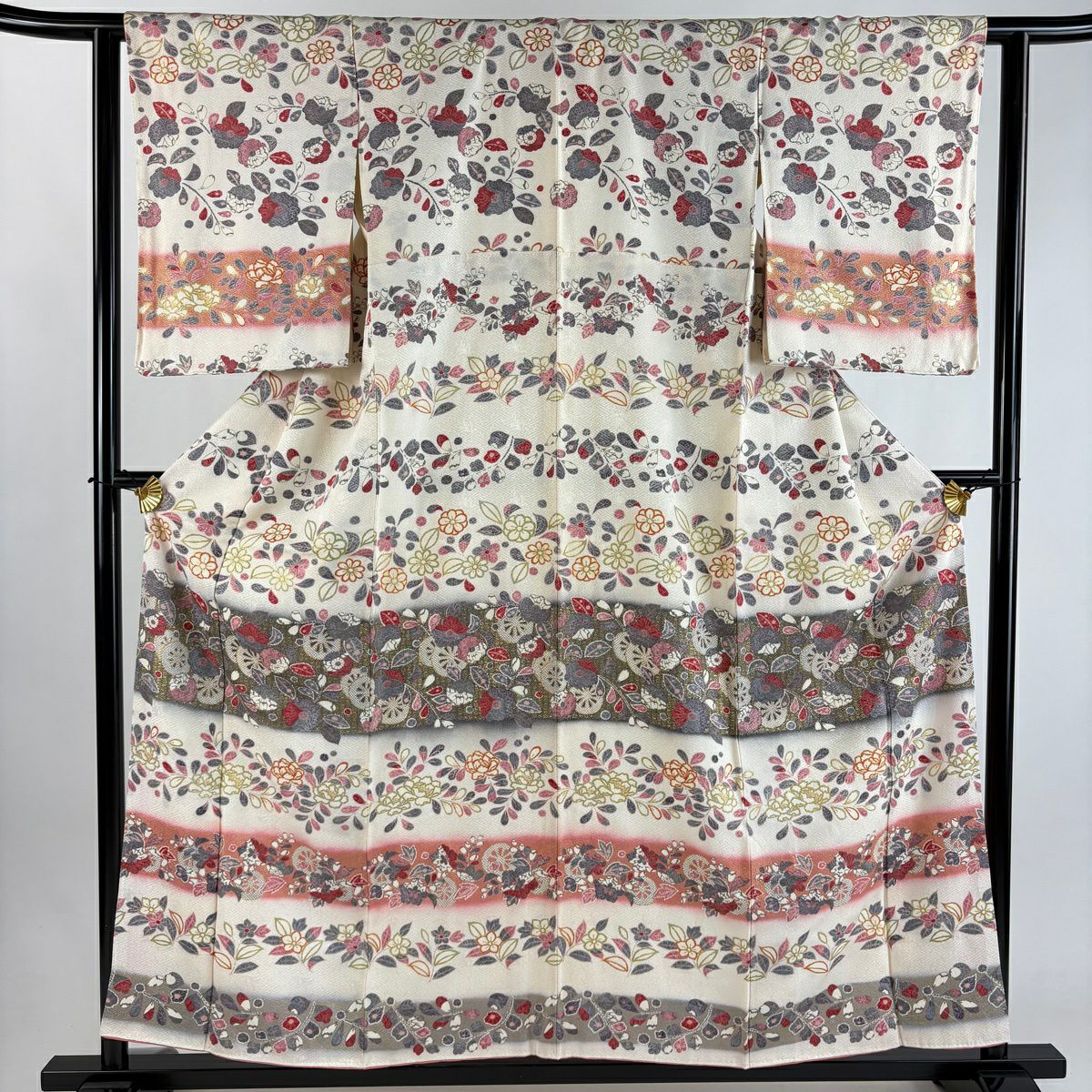 【美品】訪問服 身長156.5cm 袖長62cm S 雙層 草花紋紋 段縞 金銀彩 漸層 奶油色 純蠶絲 優品級