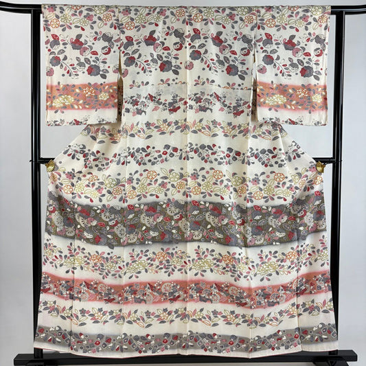 【美品】訪問服 身長156.5cm 袖長62cm S 雙層 草花紋紋 段縞 金銀彩 漸層 奶油色 純蠶絲 優品級