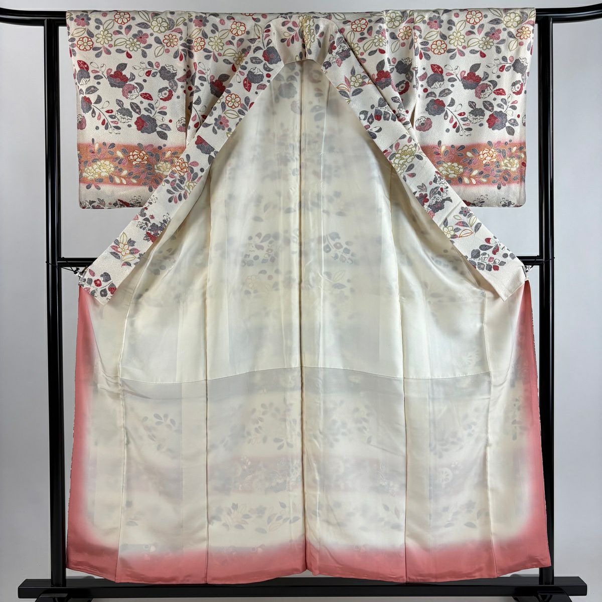 【美品】訪問服 身長156.5cm 袖長62cm S 雙層 草花紋紋 段縞 金銀彩 漸層 奶油色 純蠶絲 優品級
