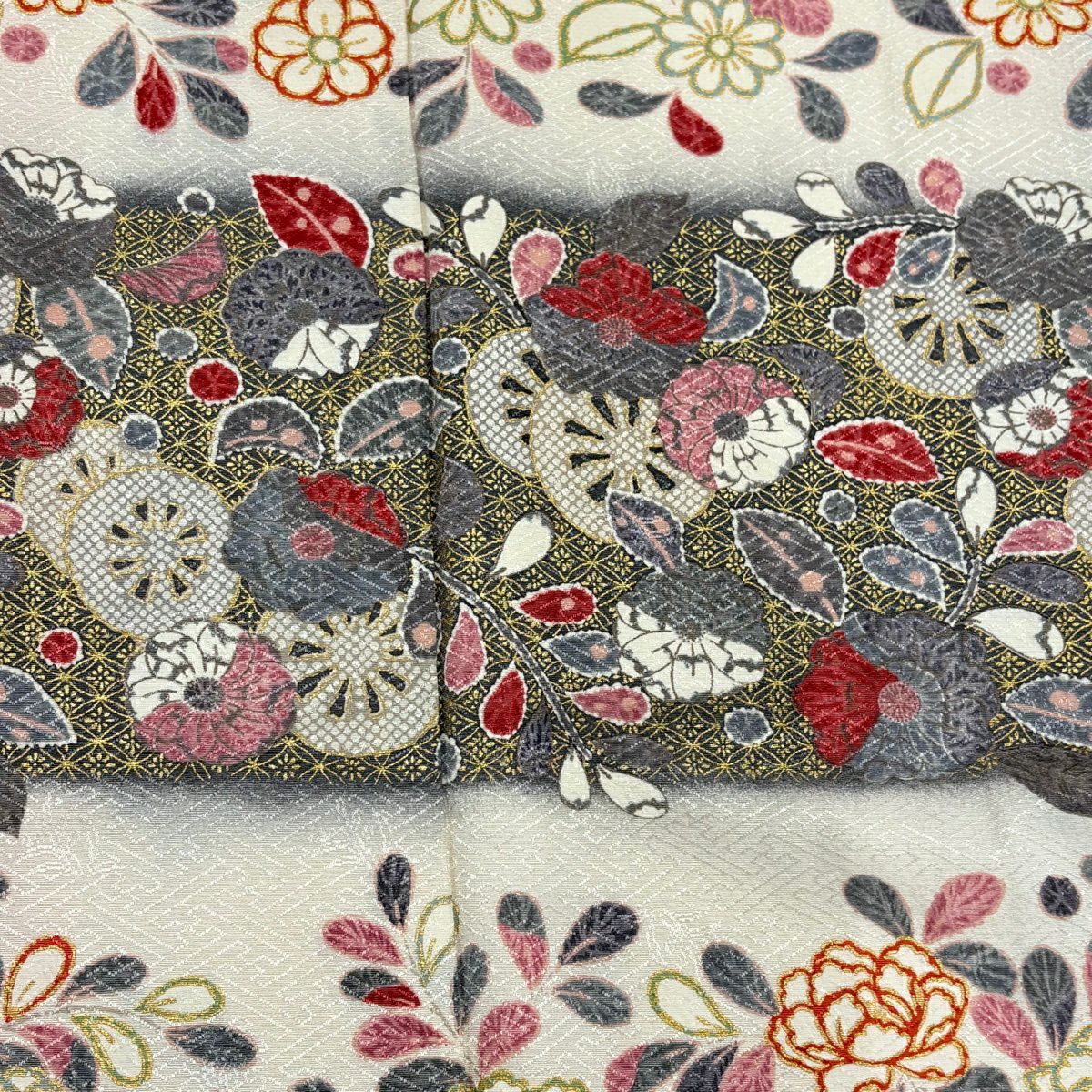 【美品】訪問服 身長156.5cm 袖長62cm S 雙層 草花紋紋 段縞 金銀彩 漸層 奶油色 純蠶絲 優品級