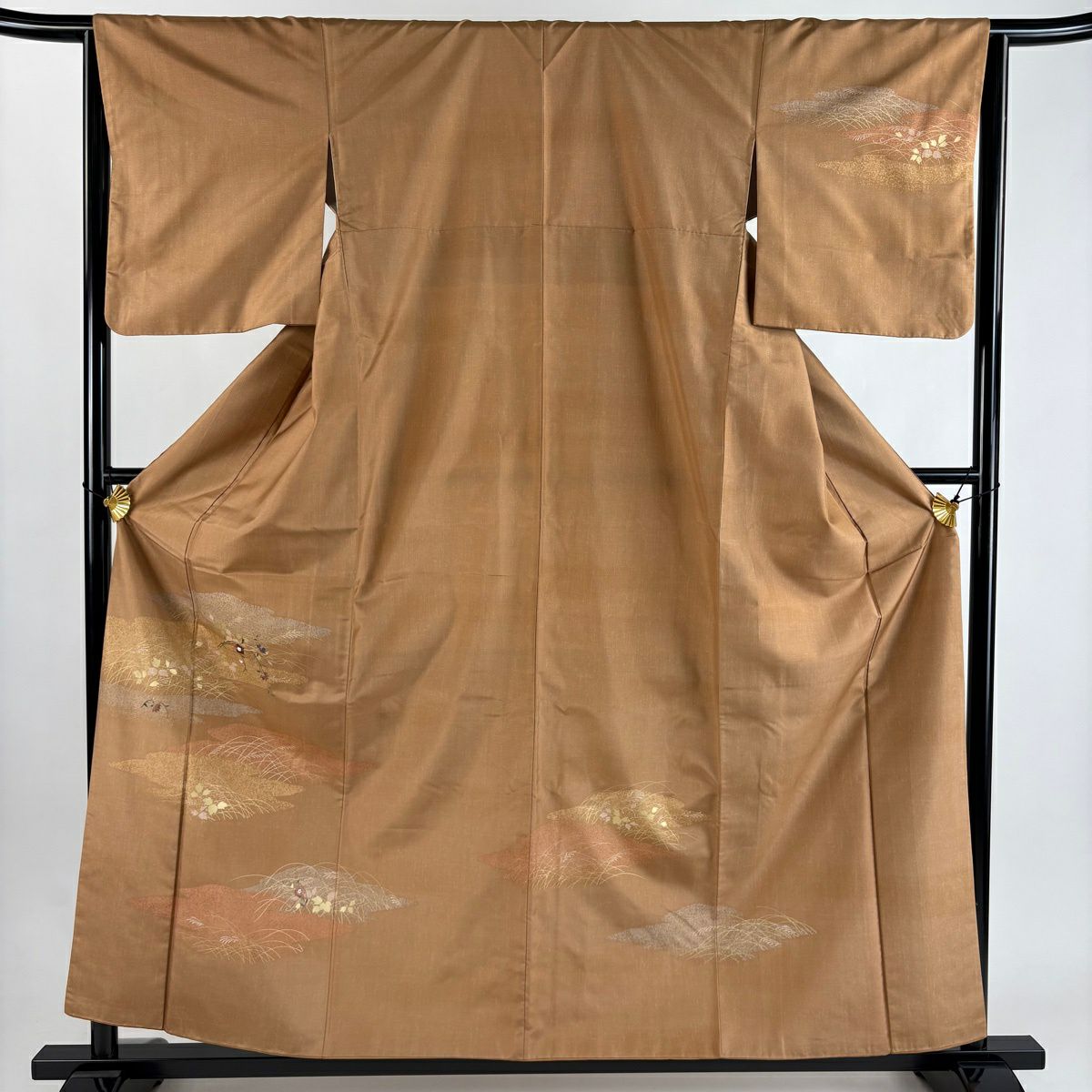 【美品】 付下 身長159.5cm 袖長65cm M 雙層 紬織織 草花紋紋 雲文 刺繡 淺橙色 純蠶絲 優品級