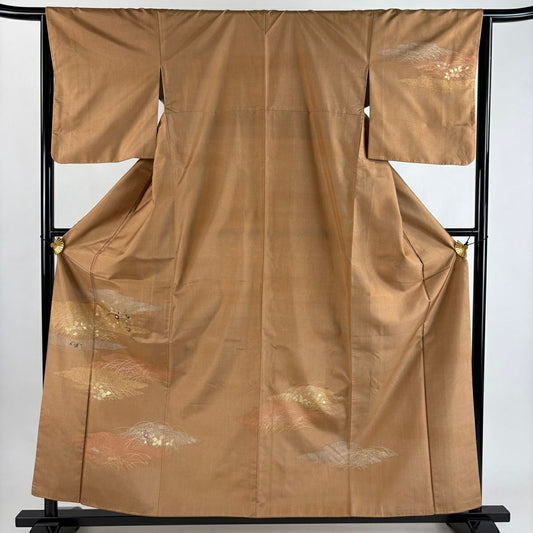 【美品】 付下 身長159.5cm 袖長65cm M 雙層 紬織織 草花紋紋 雲文 刺繡 淺橙色 純蠶絲 優品級