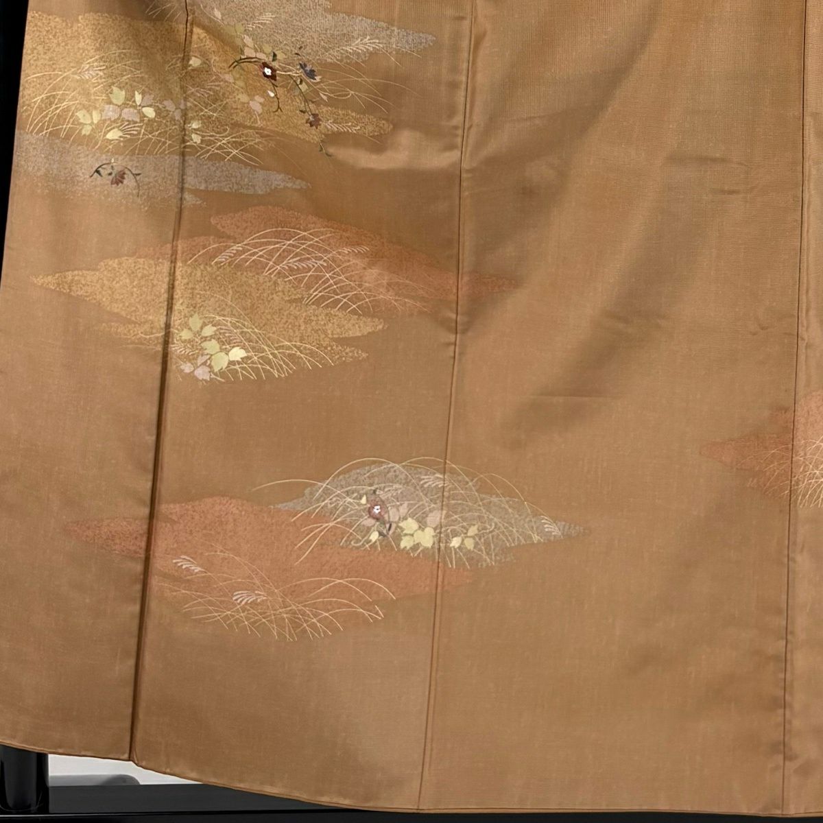 【美品】 付下 身長159.5cm 袖長65cm M 雙層 紬織織 草花紋紋 雲文 刺繡 淺橙色 純蠶絲 優品級
