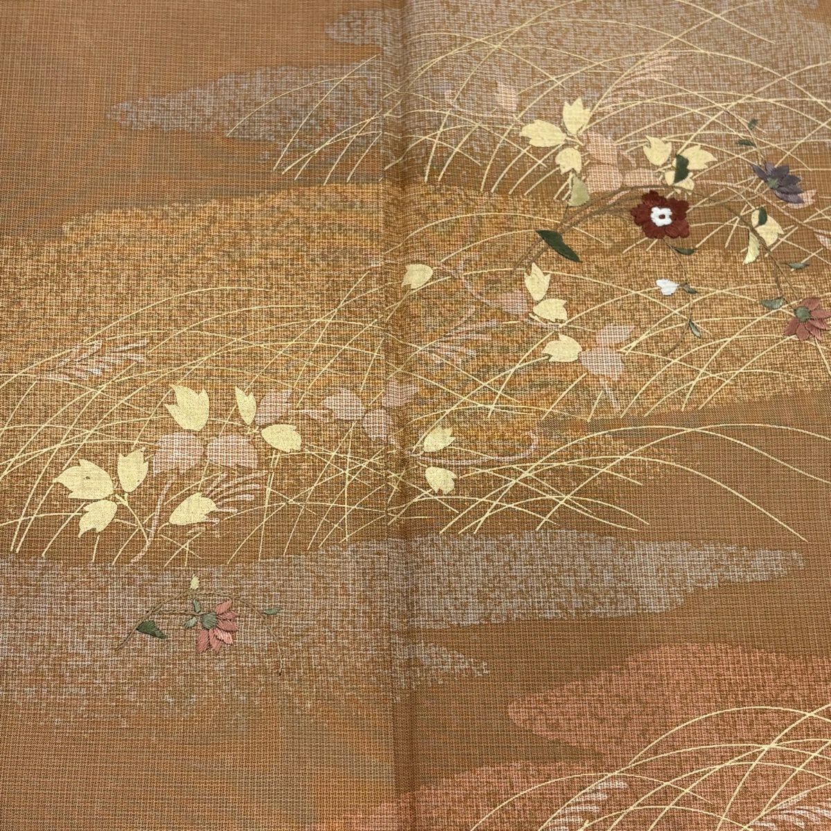 【美品】 付下 身長159.5cm 袖長65cm M 雙層 紬織織 草花紋紋 雲文 刺繡 淺橙色 純蠶絲 優品級