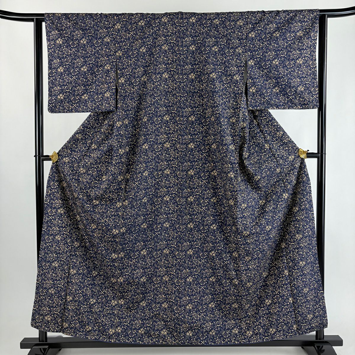 【美品】 小紋 身長158.5cm 袖長63cm S 雙層 幾何圖案 花 紬織織 深藍 純蠶絲 秀品級