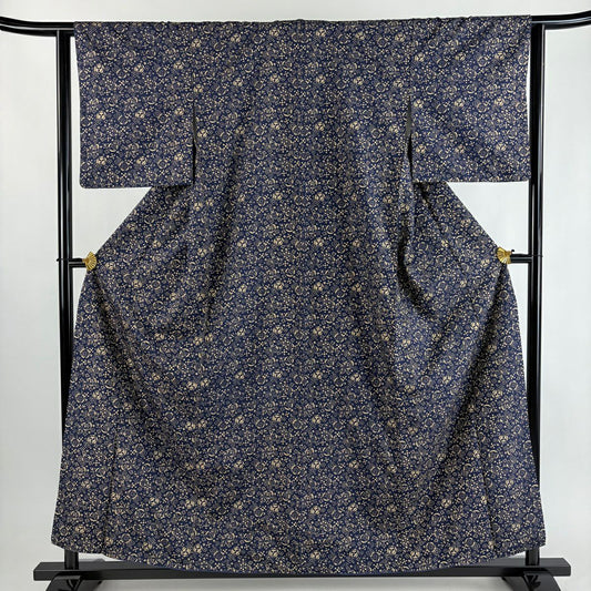 【美品】 小紋 身長158.5cm 袖長63cm S 雙層 幾何圖案 花 紬織織 深藍 純蠶絲 秀品級