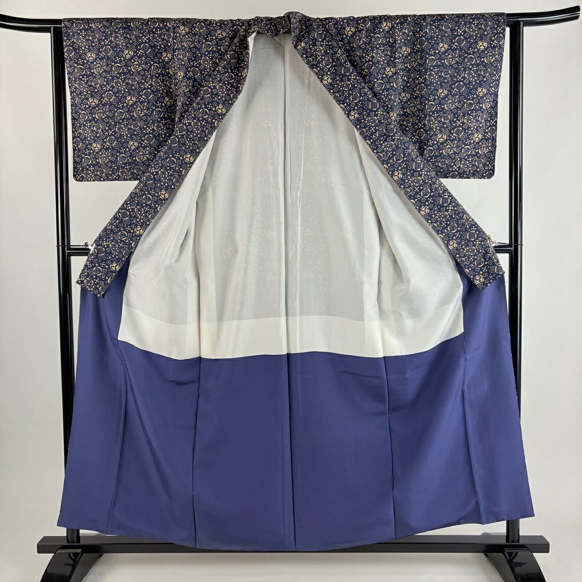 【美品】 小紋 身長158.5cm 袖長63cm S 雙層 幾何圖案 花 紬織織 深藍 純蠶絲 秀品級