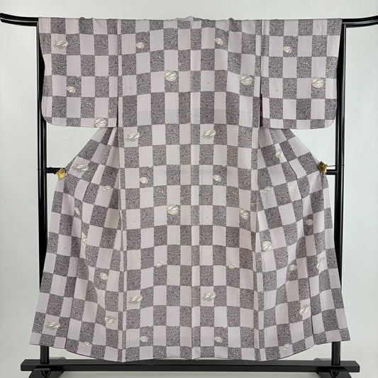 【美品】 小紋 身長154cm 袖長67cm M 雙層 仙鶴 變化市松樹 淺紫 純蠶絲 優品級
