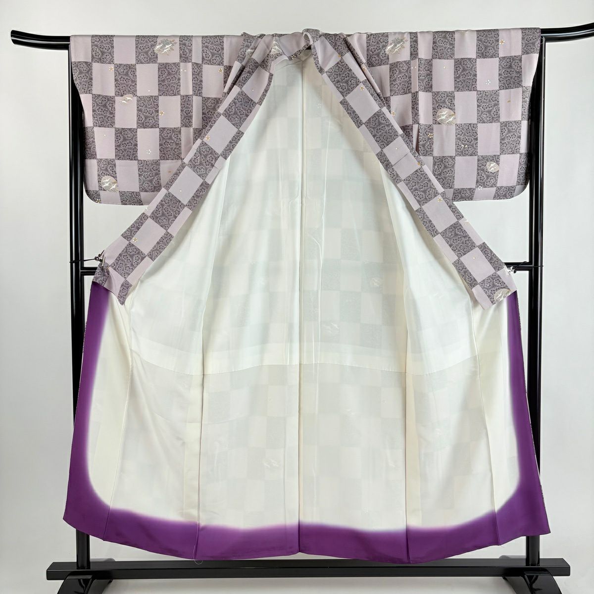 【美品】 小紋 身長154cm 袖長67cm M 雙層 仙鶴 變化市松樹 淺紫 純蠶絲 優品級