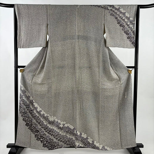 【美品】訪問服 身長160.5cm 袖長65cm M 雙層 落款 花 幾何學 金銀彩 灰白 純蠶絲 秀品級