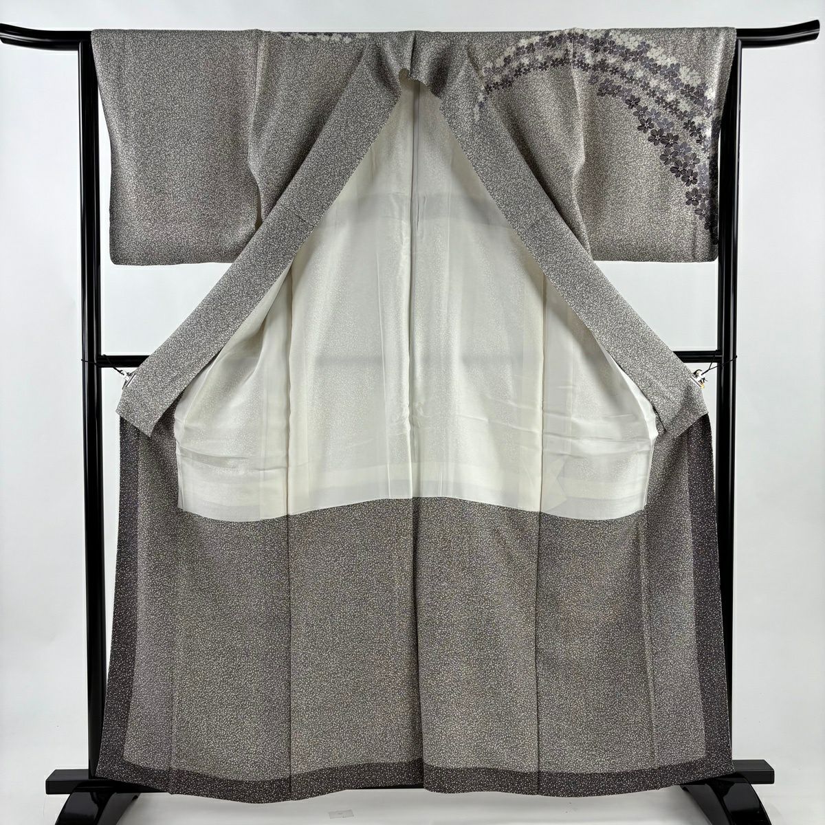 【美品】訪問服 身長160.5cm 袖長65cm M 雙層 落款 花 幾何學 金銀彩 灰白 純蠶絲 秀品級