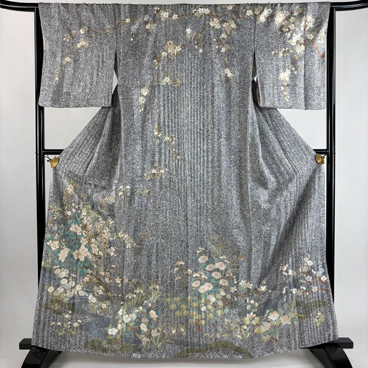 訪問服 身長162.5cm 袖長65.5cm M 雙層 牡丹 櫻花 金銀彩 灰 純蠶絲 秀品級 一つ紋