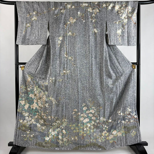 訪問服 身長162.5cm 袖長65.5cm M 雙層 牡丹 櫻花 金銀彩 灰 純蠶絲 秀品級 一つ紋