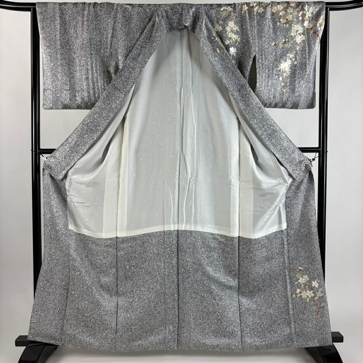 訪問服 身長162.5cm 袖長65.5cm M 雙層 牡丹 櫻花 金銀彩 灰 純蠶絲 秀品級 一つ紋