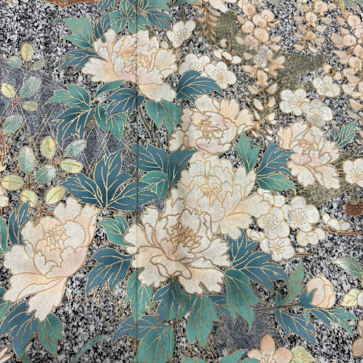 訪問服 身長162.5cm 袖長65.5cm M 雙層 牡丹 櫻花 金銀彩 灰 純蠶絲 秀品級 一つ紋