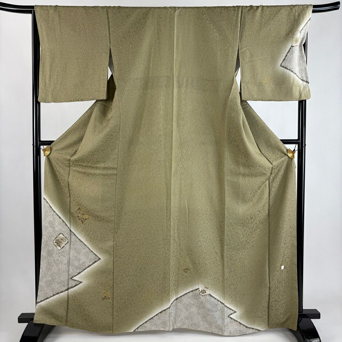 付下 身長164cm 袖長68cm L 雙層 落款有 破損色紙 椿花刺繡 金金箔 茶綠 純蠶絲 優品級