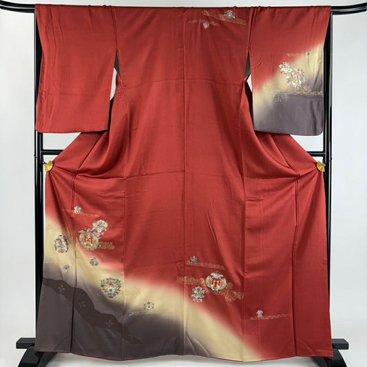 訪問服 身長166cm 袖長67cm M 雙層 向鳥 草花紋紋 相良刺繡 金銀彩 深紅 純蠶絲 秀品級