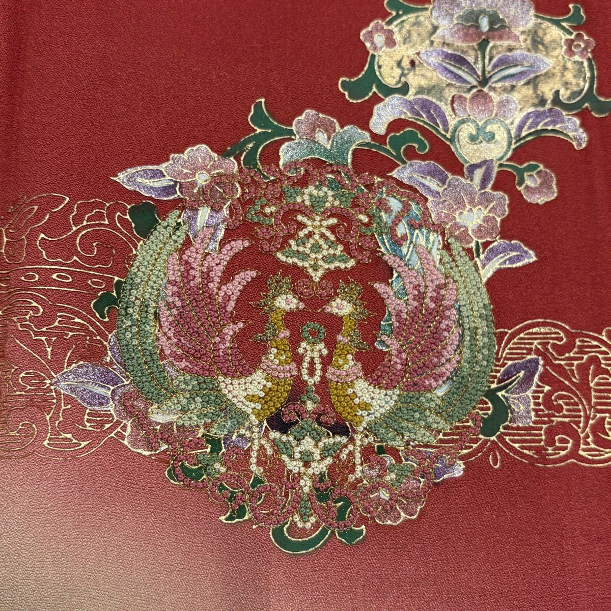 訪問服 身長166cm 袖長67cm M 雙層 向鳥 草花紋紋 相良刺繡 金銀彩 深紅 純蠶絲 秀品級