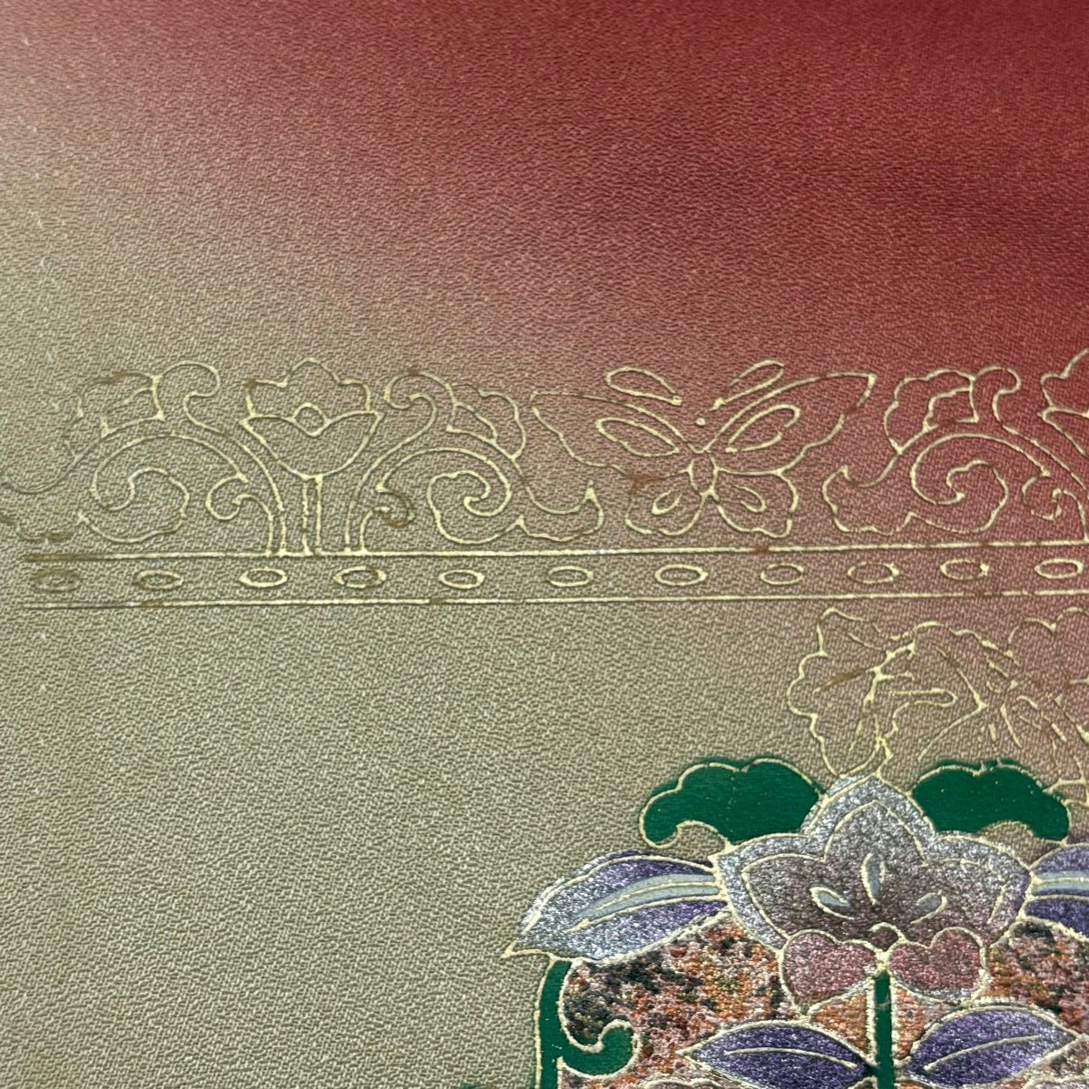 訪問服 身長166cm 袖長67cm M 雙層 向鳥 草花紋紋 相良刺繡 金銀彩 深紅 純蠶絲 秀品級